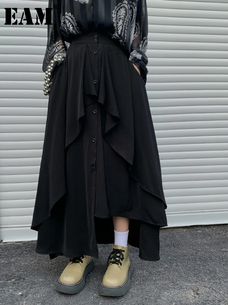 

[EAM] High Elastic Waist Black Irregular Ruffles Long Casual Half-body Skirt Women Fashion Tide New Spring Autumn 2022 1DE6669