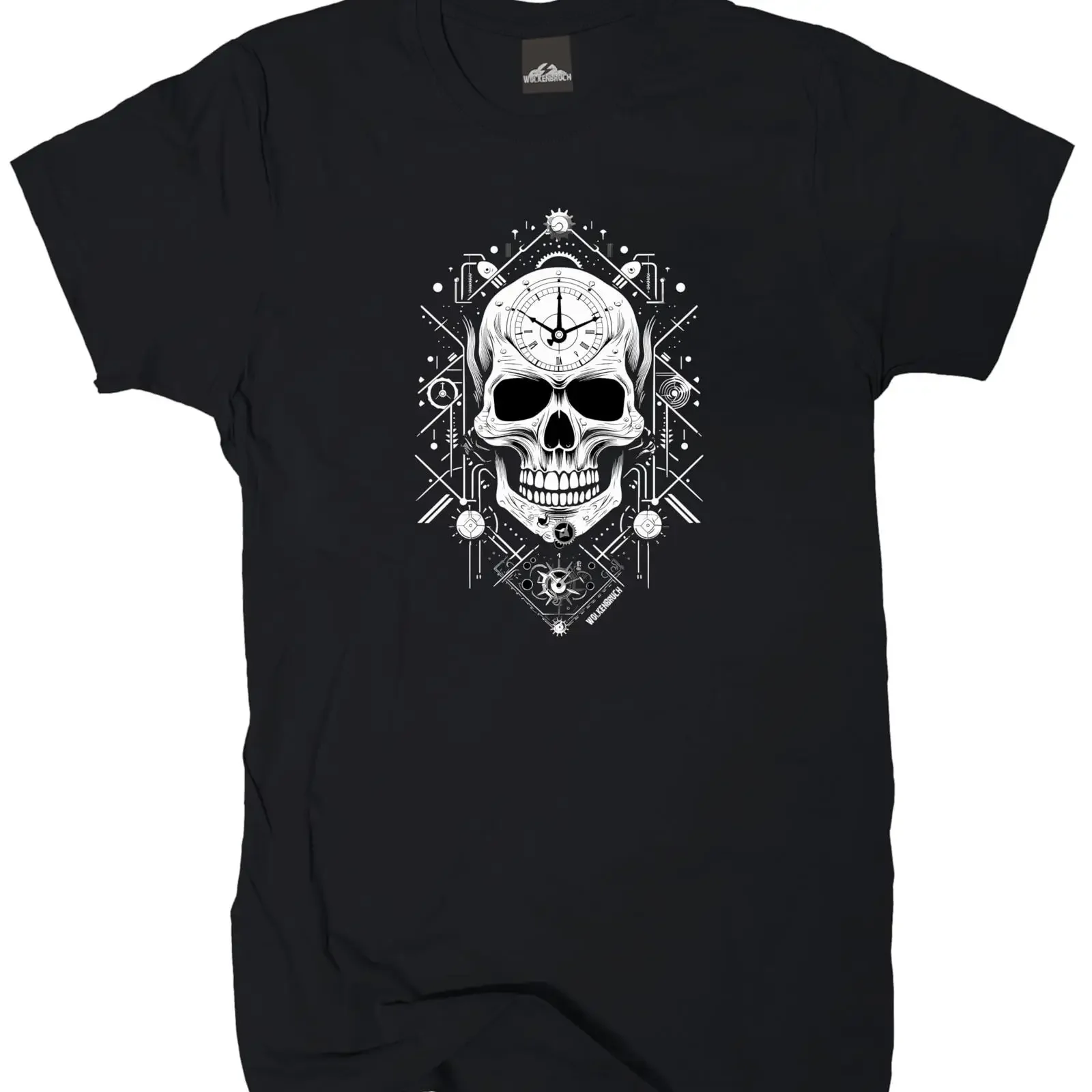 Фото Футболка Wolkenbruch T Shirt Skull Time Stopper Motif с принтом «Die Uhrlauf M», размеры от M до 4XL, винтажная, с эффектом потертости, с легким графическим принтом, уличная одежда, унисекс №1