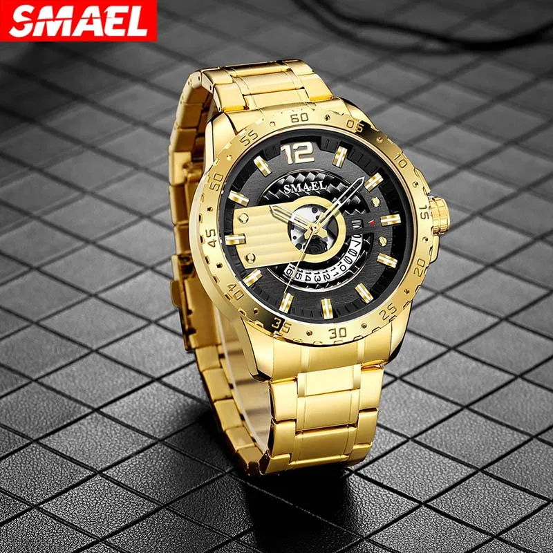 

Часы SMAEL мужские Кварцевые водонепроницаемые, многофункциональные модные деловые наручные, с браслетом из сплава, с индикацией 24 часа