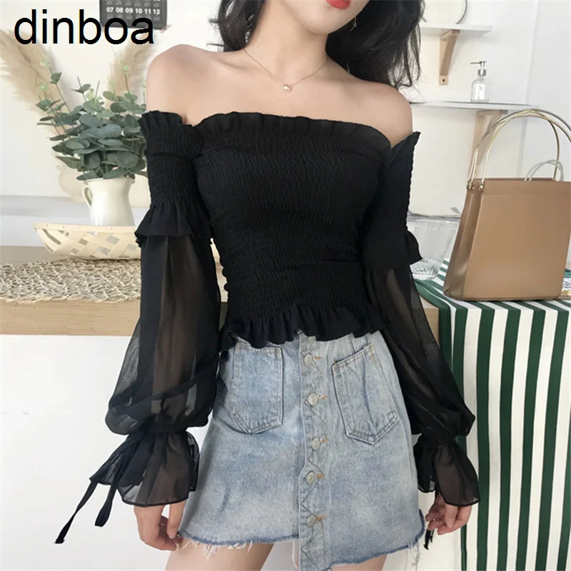 

Dinboa 1 шт. черный однотонный плиссированный бант, модные женские Топы с длинным рукавом и открытыми плечами, блузка, рубашка, корсет на шнуров...
