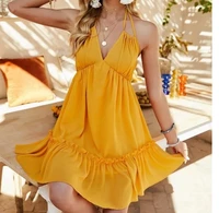 new summer dress 2021 ruffled yellow loose back lace up dresses fashion sexy casual boho holiday vacation beach mini bodycon