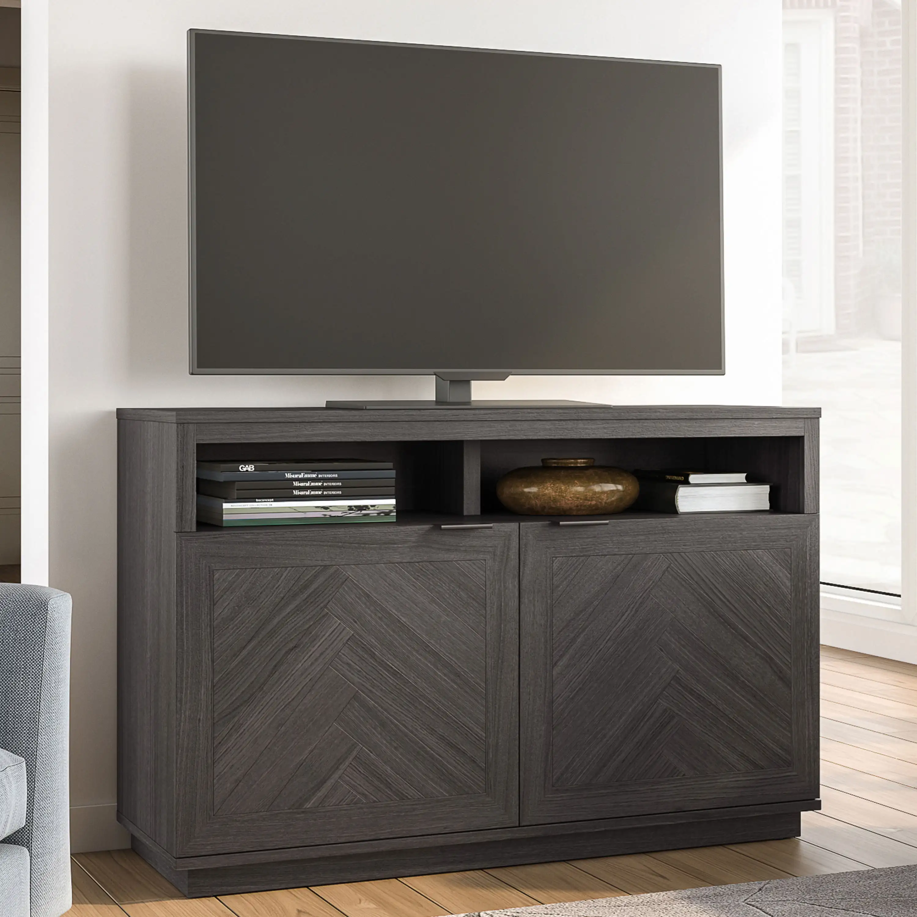 

Better Homes & Gardens Herringbone TV Stand for TVs Up To 55”, Gray Tv Stand Living Room Furniture Modern Tv Stand