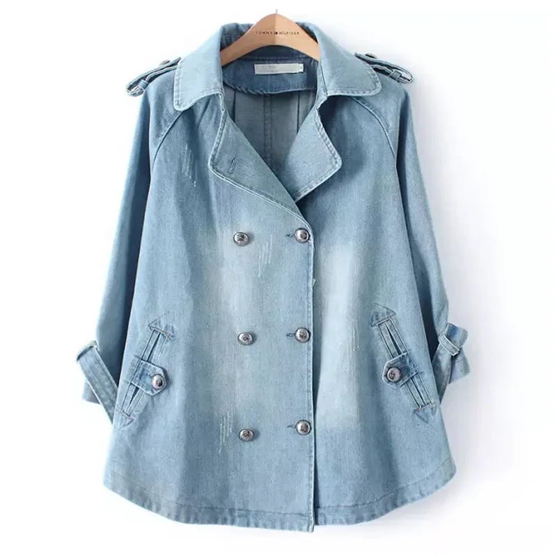 

SuperAen Spring and Autumn New Korean Double Breasted Loose Denim Cape Coat Large Suit Collar Women's A-line Jacket