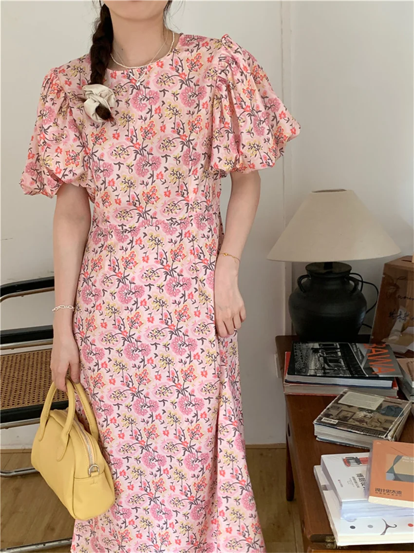 

Alien Kitty Pink Lantern Sleeve Dress Women Slim-Fit Printed Summer Chic Stylish Florals New Loose Vintage All Match Streetwear