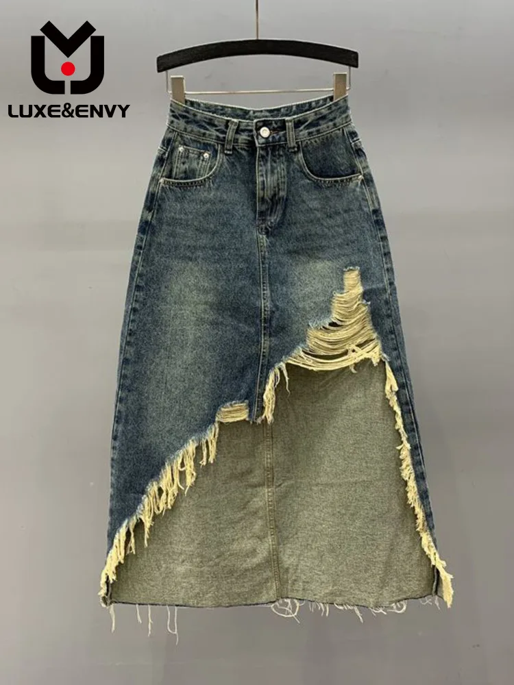 

LUXE&ENVY Irregular Hole Pierced Tassel Denim Skirt For Women In Summer High Waist Slim A-line Sexy Revealing Leg Wrap Buttocks