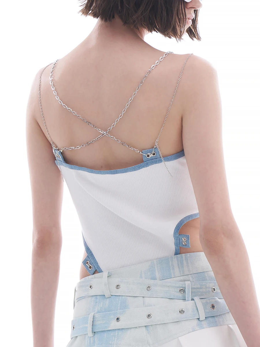 Боди RORORIRI с цепочкой Женское боди высоким вырезом винтажный лоскутный