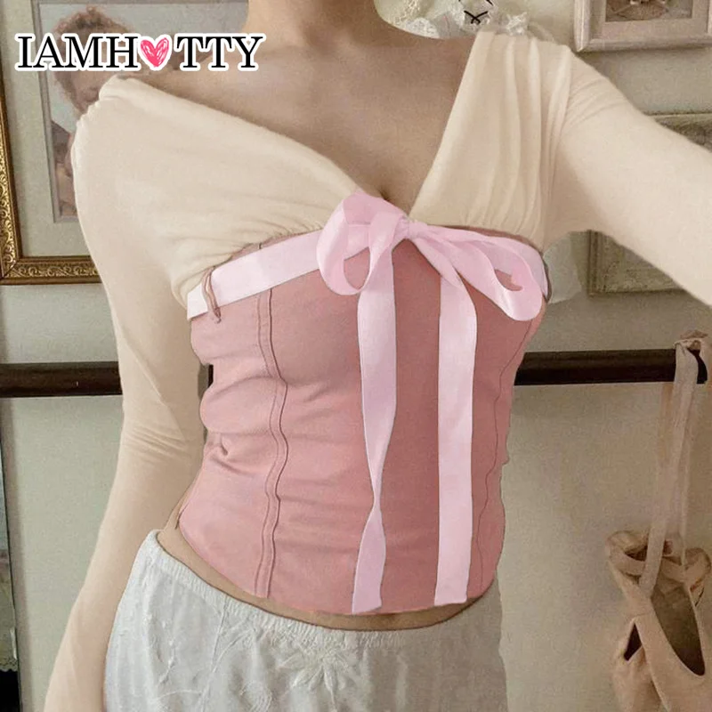 IAMHOTTY Y2K Контрастный Лоскутный Короткий Топ В Стиле Лолиты С Пряжкой И Бантом