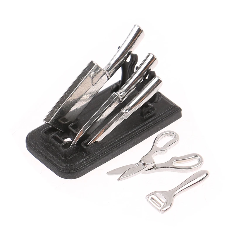 

6Pcs 1/12 Dollhouse Miniature Kitchen Knife Set Mini Metal Scissor Peeler Knives w/Holder Utensils Modle Doll House Accessories
