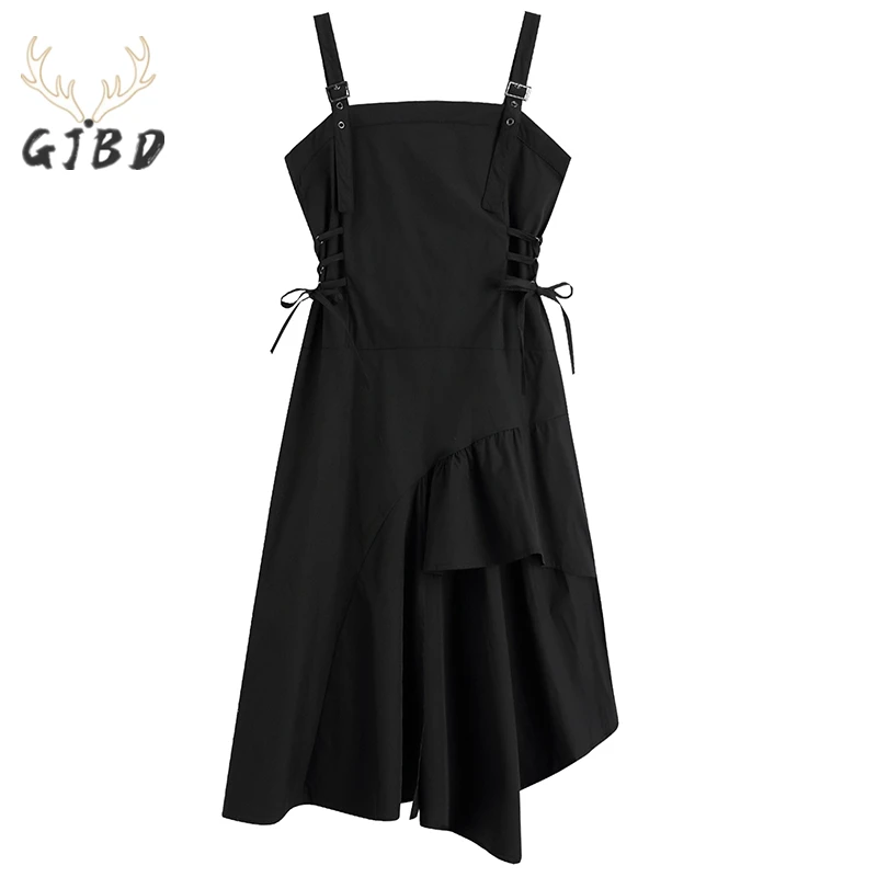 

Женское черное платье на бретельках, повседневное модное винтажное платье-багги с завышенной талией и асимметричным шнуровкой, Яркое летне...
