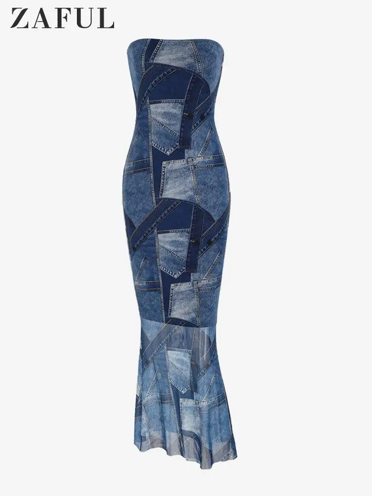 

Женское длинное джинсовое платье без рукавов, в стиле пэчворк