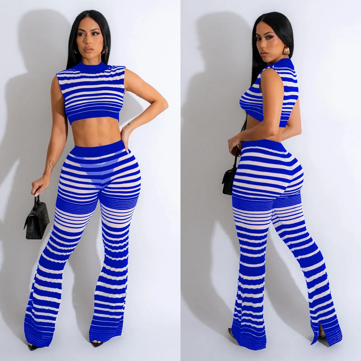 

Wisheyar Sexy Striped Splice Sheer Mesh Crop Top and See Through Flare Pants Two Piece Set Women Outfit Club Night Matching Suit