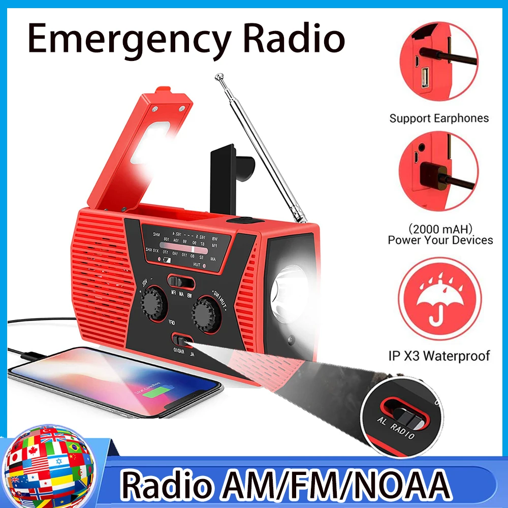 

Portable LED Emergency Radio Solar Weather Radios Hand Crank NOAA/AM/FM 2000mAh Power Bank Survival Tool Flashlight Reading Lamp