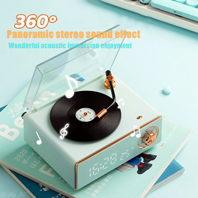 

Portable Stereo Bluetooth Speaker Retro Alarm Clock Music Player High-quality Vinyl Record Caixa De Som Wireless Subwoofer Box