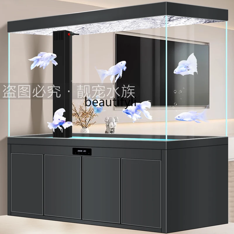 Большой аквариум с изображением дракона в гостиной от пола до потолка