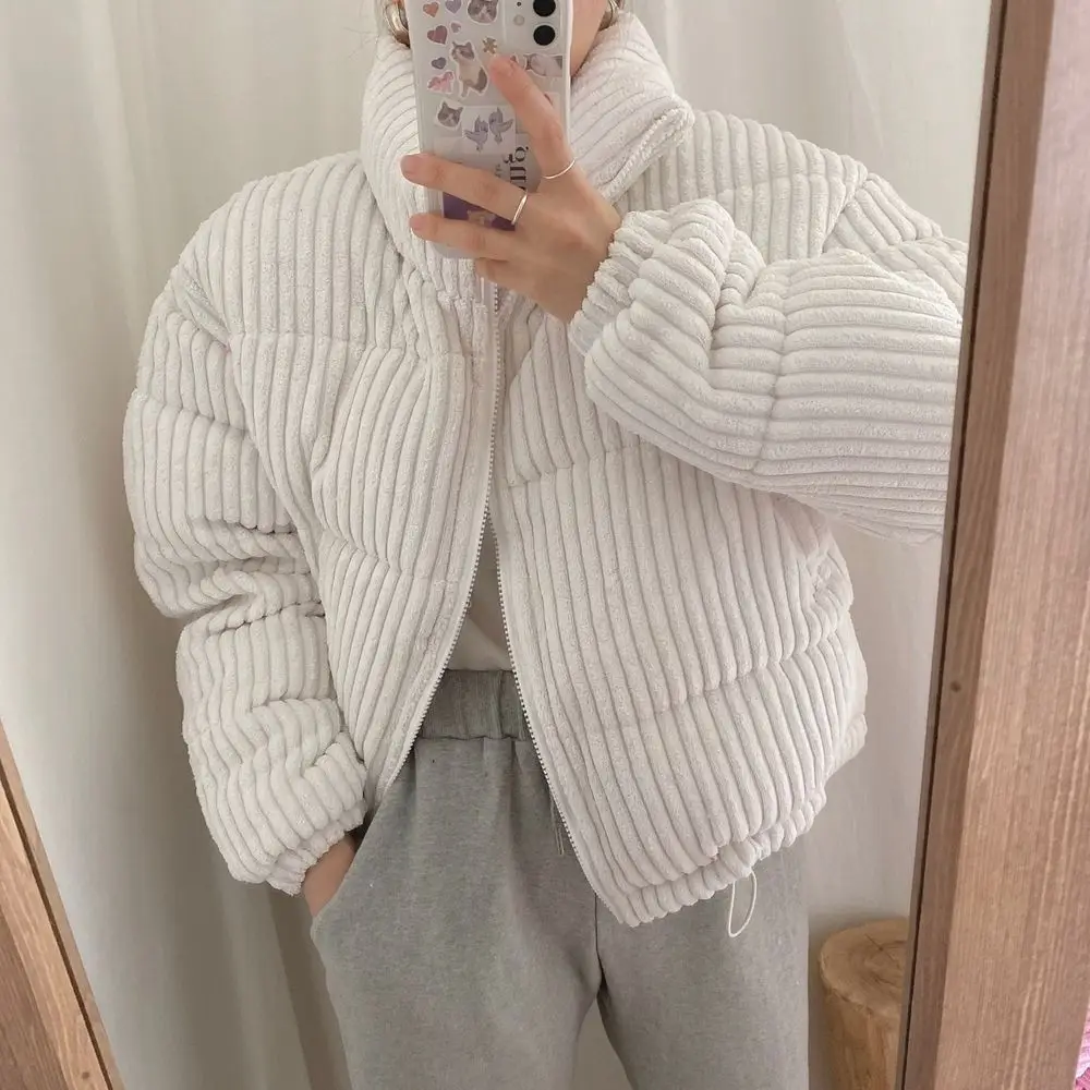 Winter Crop Corduroy Jacket Women Korean Chic Fashion Parka Femme 2021 Fashion New Thick Warm Bubble Coats Cotton Coats Parkas