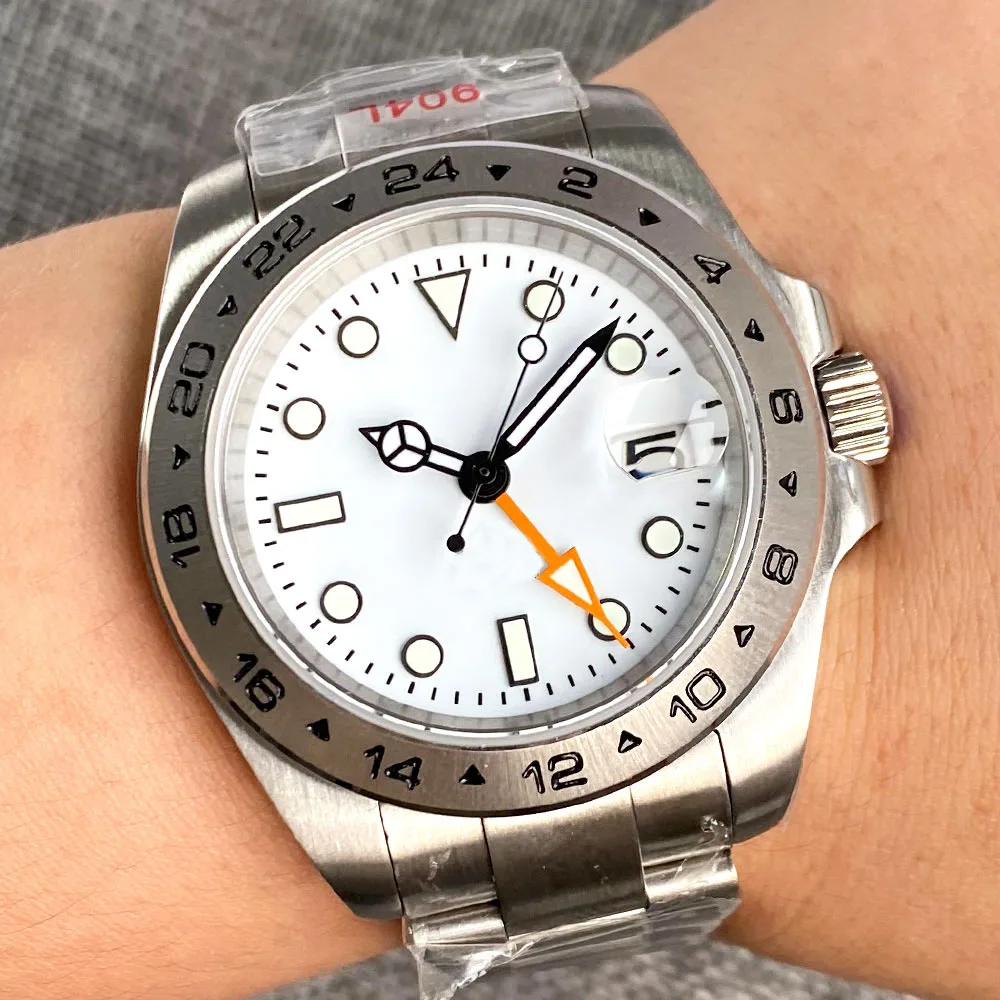 

Explore Dual Time NH34 Orange GMT Mechanical Watch for Men Fixed Steel Bezel White Business Clock Sapphire Date 904L Bracelet