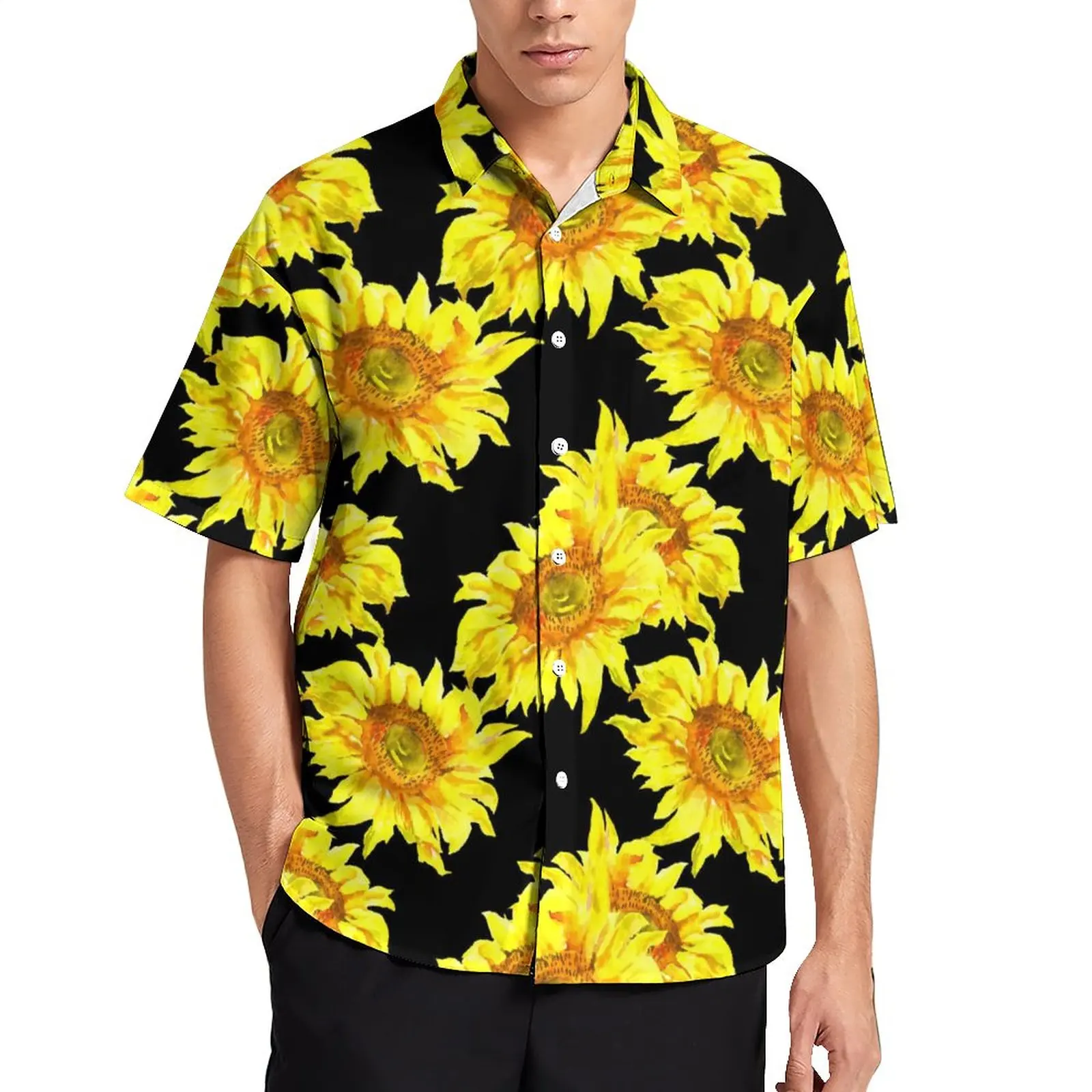 

Abstract Sunflower Loose Shirt Mens Beach Yellow Flowers Print Casual Shirts Hawaiian Short-Sleeve Streetwear Oversized Blouses