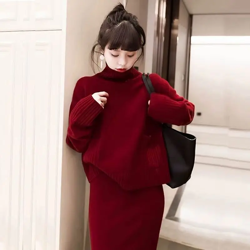 

Women Knitted Casual Long Sleeve Pullovers Sweater and Knitted Skirts Suits Female Turtleneck Sweater Ladies Two Piece Suit G366