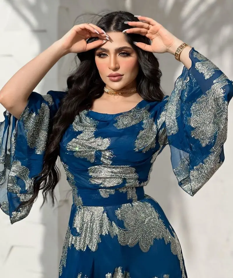 PLEINDI Bohemian Evening Dresses O-Neck Long Sleeves A-LINE Floor-Length Chiffon 2022 New of Embroidery Boho Prom Women Dress