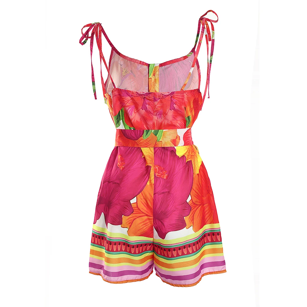 2022 Summer Overalls One Piece Suit Floral Print U Neck Sleeveless Short Jumpsuits Women Casual Sexy Muticolor Romper With Belt