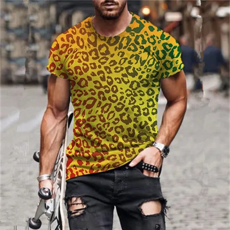 

2022 Summer New Mens Oversized Vintage Short Sleeve T Shirts Leopard Printed O Collared Harajuku T Shirt For Men Cadeau Homme