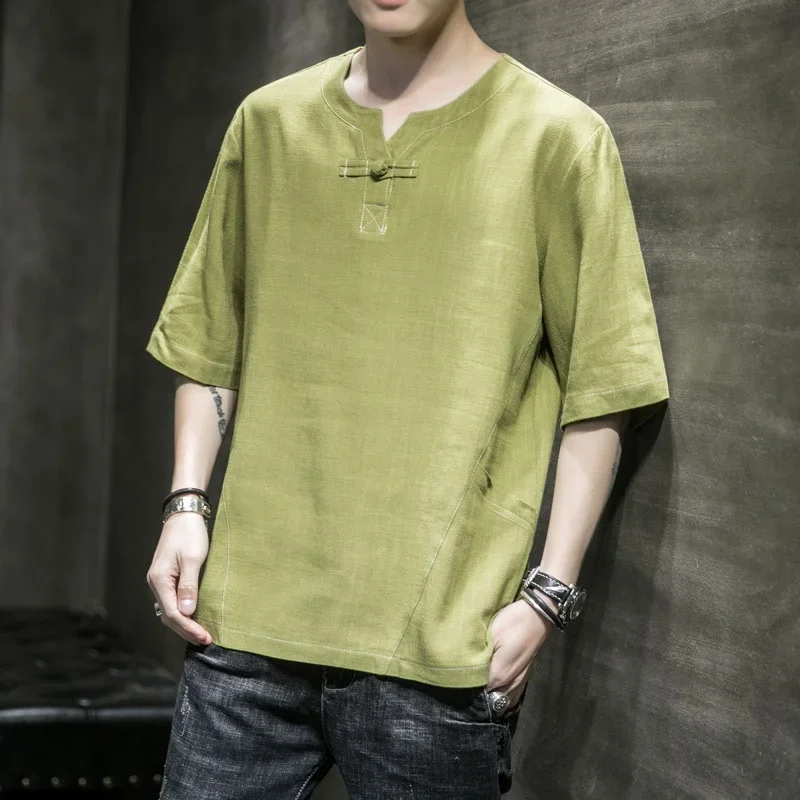 Новинка 2020 мужские топы в китайском стиле льняной костюм Тан с рукавом до локтя