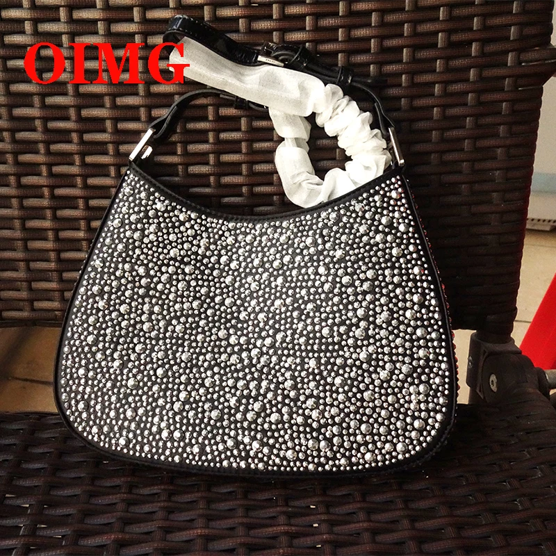 

New Fashion Shoulder Bag High Quality Hand Rhinestone Inlay Genuine Leather Women's Bag Shoulder Armpit Bag
