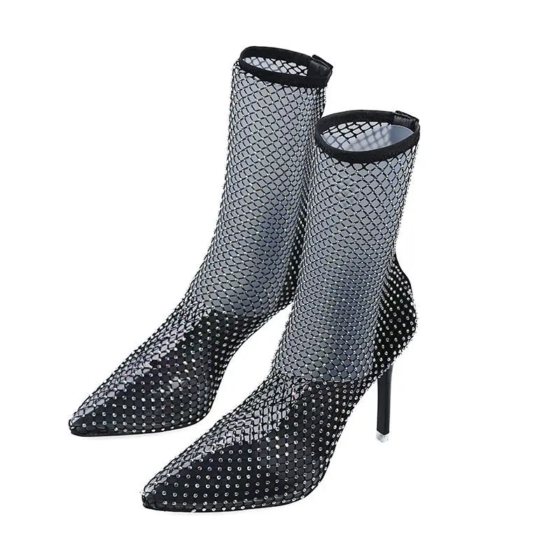 

High Heels European and American Sexy Stiletto Pointed Toe Sexy Hollow Mesh Fishnet Socks Female High-heeled Sandals Plus Size