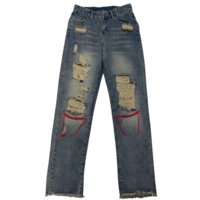 Korean Style Ins Hip-Hop Trendy Distressed Red Rope Vintage Jeans Washed And Worn Long Straight Leg Pants