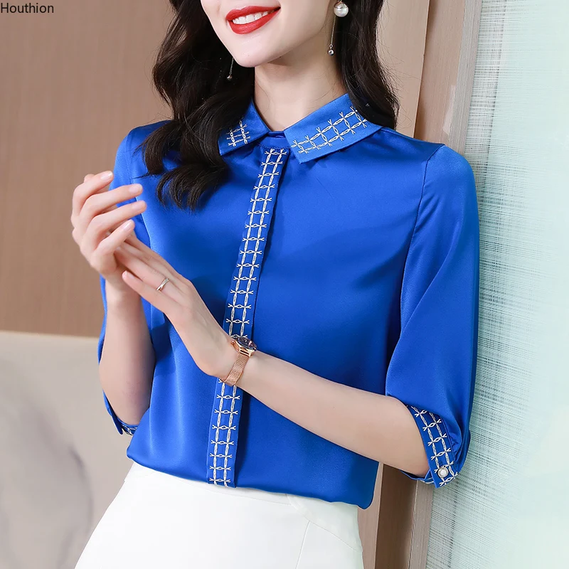 

Satin Loose Women's Blouses New Fashion Long Sleeve Shirt Printing Polo Top Summer Female Clothes Movafag