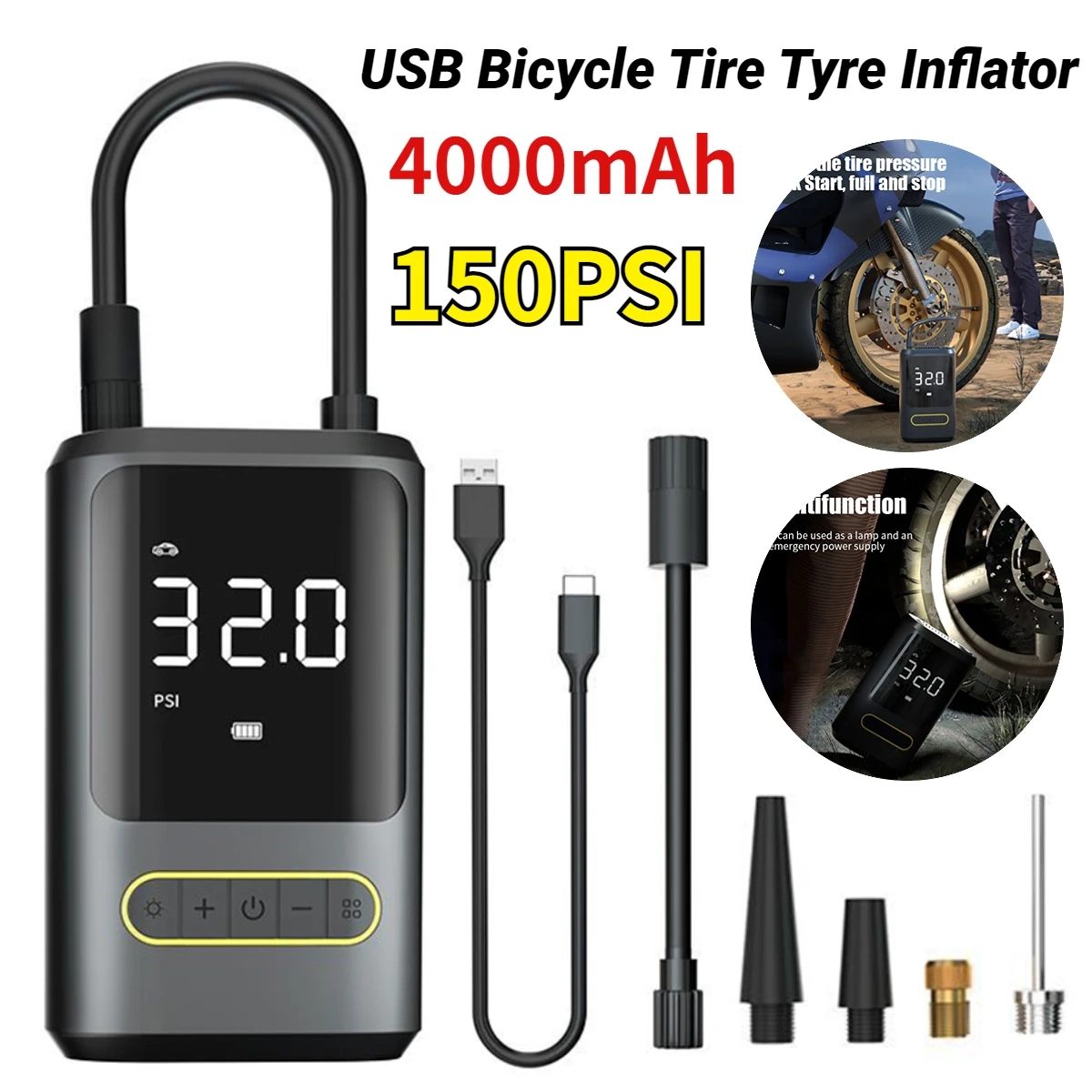 

150psi Electrical Air Pump 4000mah Compressor Mini Wireless For Cordless Bike Pump Inflatable Air Tires Bike Car Tire Air Pump