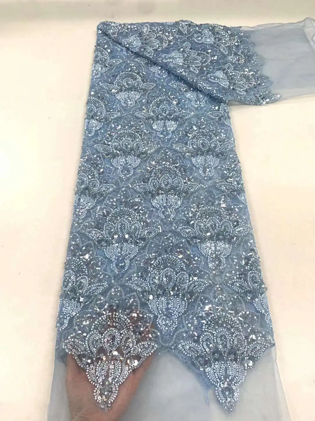 

Hot Sale Light Blue Nigerian Handmade Beads Lace Fabric French Mesh Tulle Sequins Beaded Embroidery African Lace Sewing Material