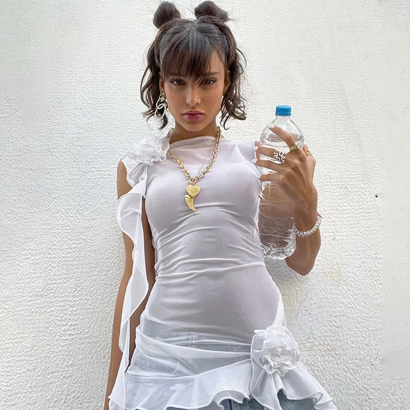 

New Women's Perspective Mesh Sexy Open Back Lace Up Panel Wood Ear Edge Long T-shirt