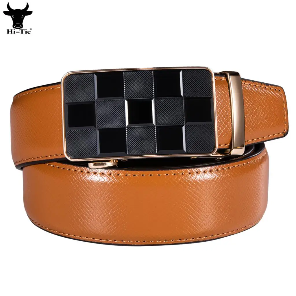 Hi-Tie Orange Leather Mens Belts Designer Automatic Buckle Ratchet Waistband Belt for Men Cowboy Student Boy Dress Jeans Wedding