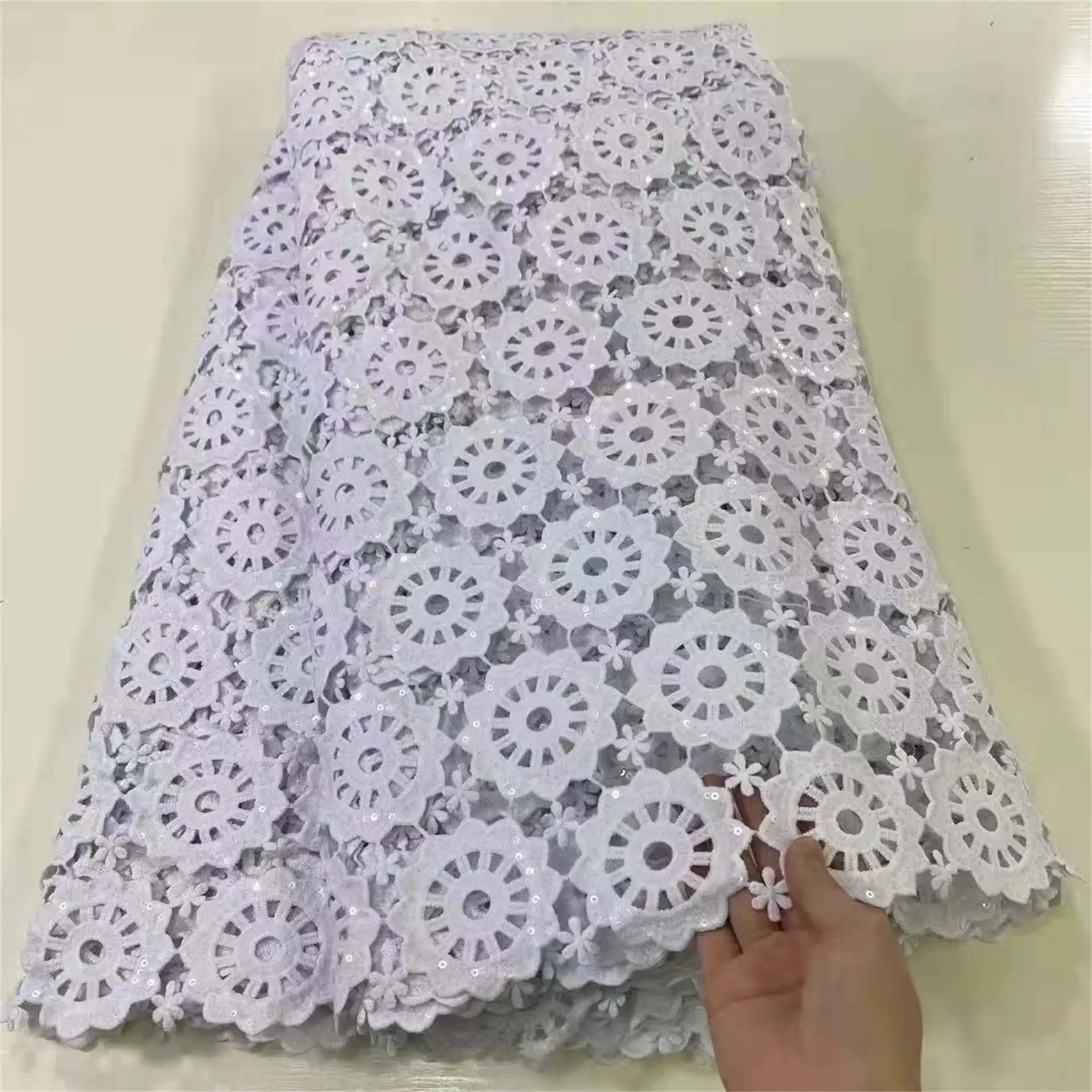 

White Lace Fabric Guipure Cord Sequince Lace Nigerian Women Dress and Bridal Wedding Guipure Embroidery Craft Material LSSG01