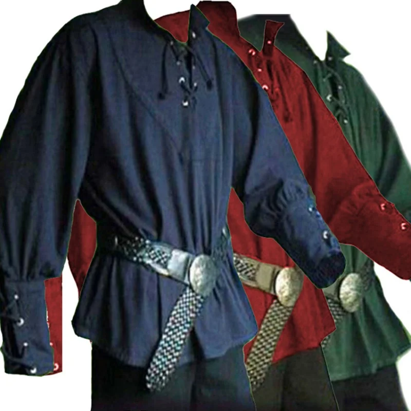 

New Adult Men Medieval Renaissance Grooms Pirate Reenactment Larp Costume Lacing Up Shirt Middle Age Bandage Sleeves Top For Men
