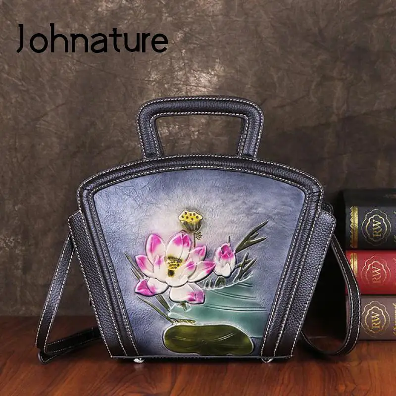 

Johnature Vintage Embossed Genuine Leather Female Bag 2022 New Luxury Handbag Hand Painted Lotus Women Shoulder Bags
