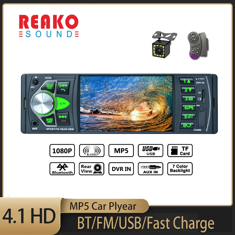 

REAKO 1 Din Multimedia Player 4” FM Audio Stereo Player Bluetooth Autoradio Steering Wheel Remote Control Rearview Camera 4022D
