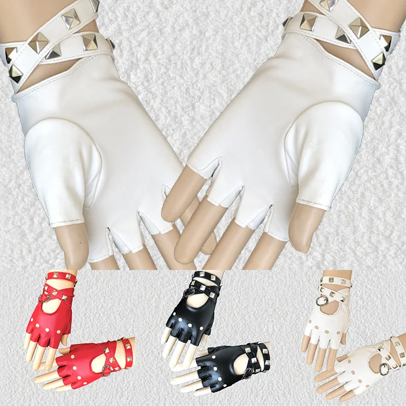 

Unisex Fingerless PU Leather Gloves Driving Motor Cool Rivet Sexy Mittens Disco Dancing Rock And Roll Black Red White Punk Glove