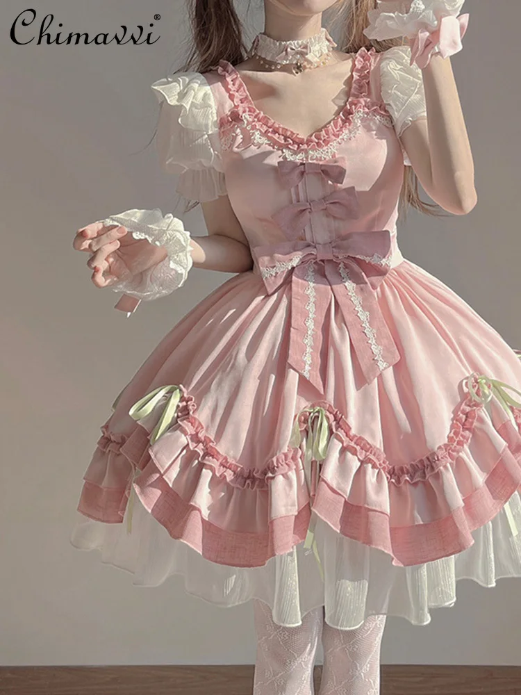 

Pink Cute Lolita Dress Women 2023 Summer New Fashion Sweet Short Sleeve High Waist Slimming Dress Girly Style Knee-Length Dress