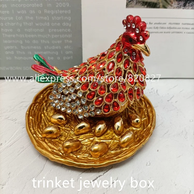 Big Rhinestones Chicken Metal Jewelry Box Chicken with Egg Metal Crafts