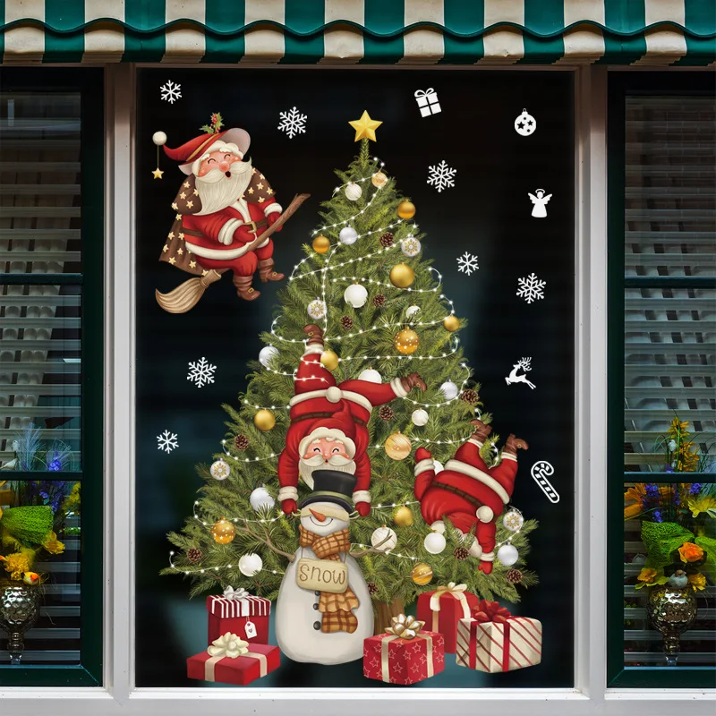 

31*46cm Cartoon Christmas Tree Sticker Cartoon Santa Claus Snowman Snowflake Xmas Gifts Boxes Sticker 2022 Noel Decor For Home