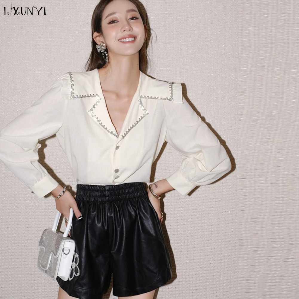 

Блузка женская с длинным рукавом, элегантная дизайнерская белая рубашка с лацканами, украшенная стразами, весна-лето 2023