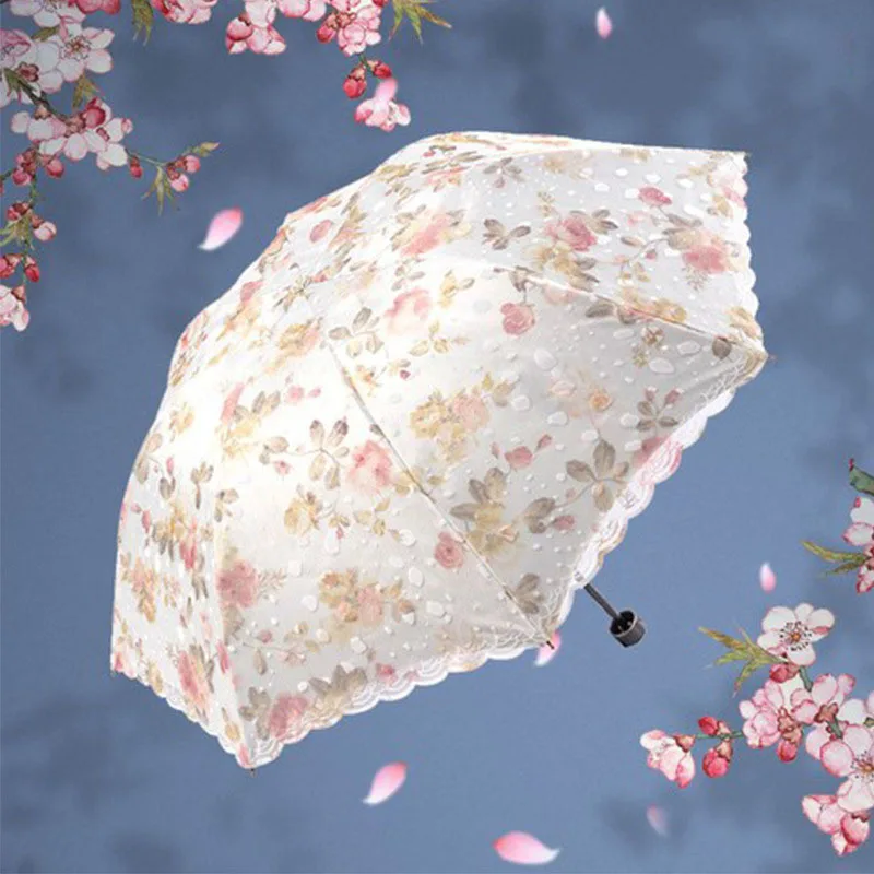 

New Fashion Anti-UV Sun/Rain Umbrella 8K Double Lace Umbrella Rain Women 3 Folding Manual Flower Umbrellas Rain Gear For Girl