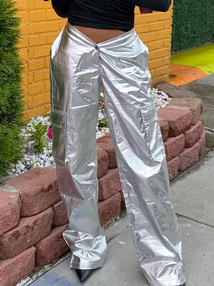 

Брюки-карго женские серебристые с низкой посадкой