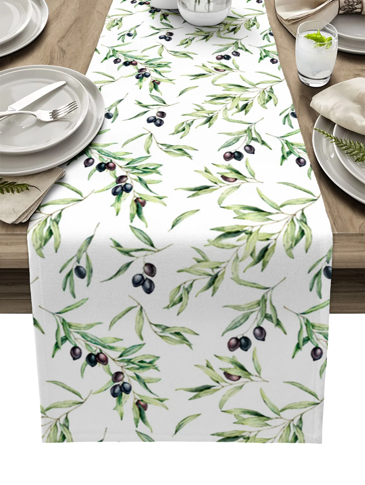 

Акварельная дорожка для стола с текстурой оливкового листа, стандартная скатерть, хлопковая льняная настольная дорожка для свадьбы