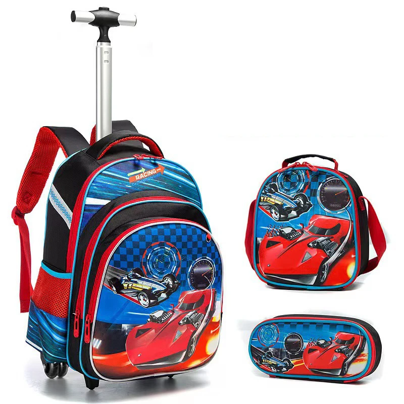 Children 3pcs Boys Schoolbag Set With Wheels Trolley Bag With Lunch Bag Rolling School Backpack Set Wheeled Backpack For Girls