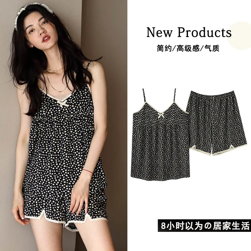 

Pure desire sexy pajamas women's summer thin section suspenders shorts suit milk silk small floral home clothes