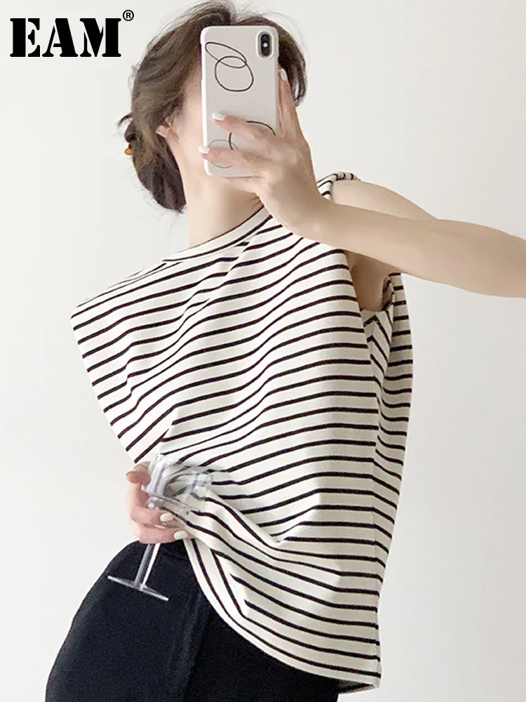 

[EAM] Women Black Striped Big Size Shoulder Padded T-shirt New Round Neck Sleeveless Fashion Tide Spring Summer 2022 1DE8607
