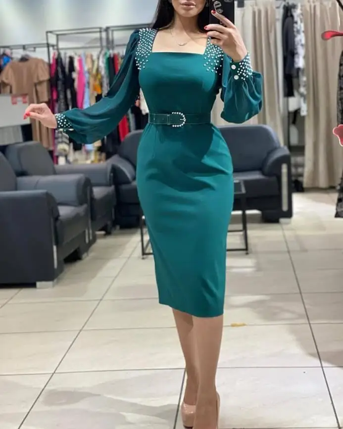 

Женские платья 2022, элегантное высококачественное облегающее вечернее платье средней длины с жемчужинами и рукавом фонарик, с поясом